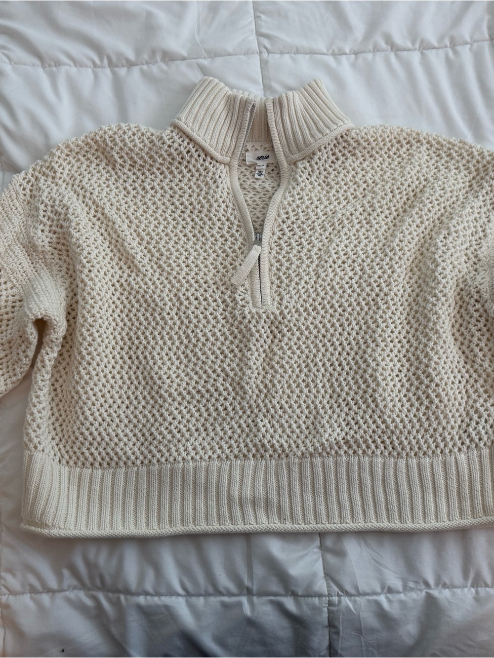 aerie Cream Textured Half-Zip Turtleneck Sweater